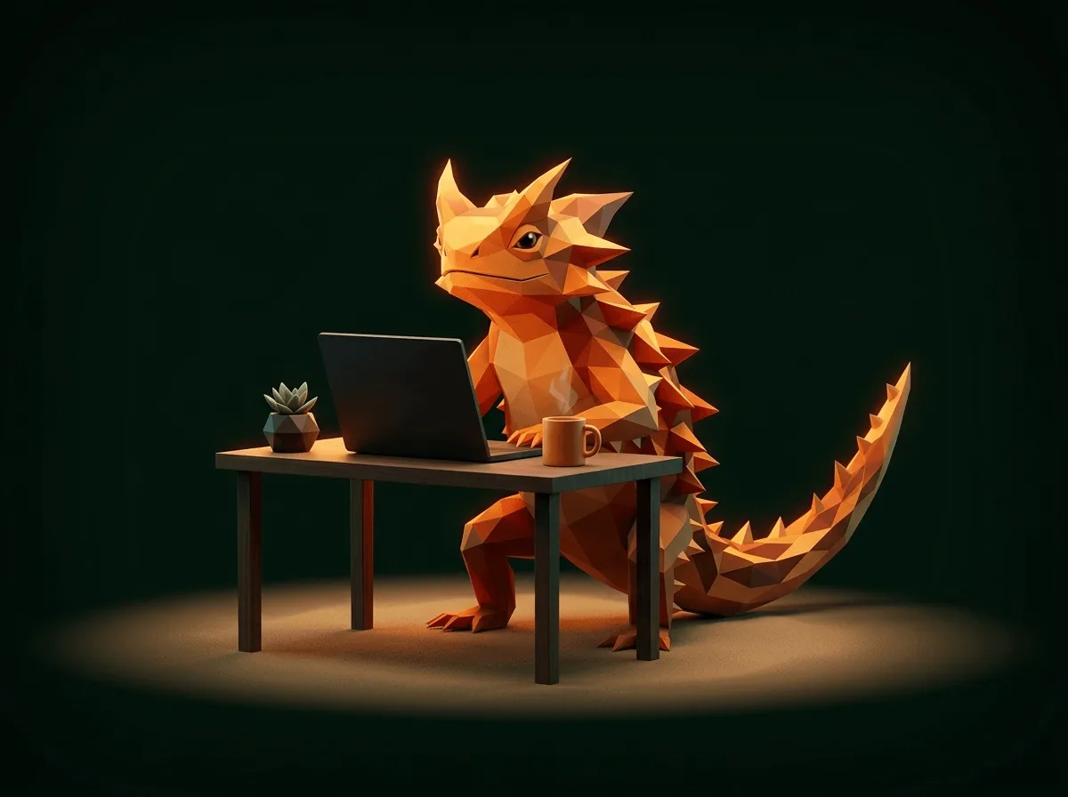 A friendly faceted lizard sitting at a desk with a laptop and a cup of tea