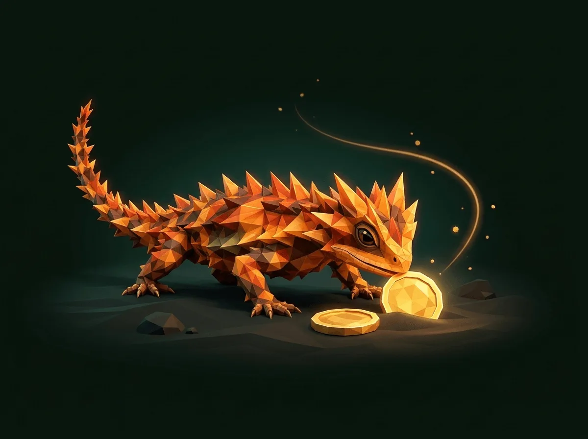 A faceted lizard digging up the second of two identical gold coins