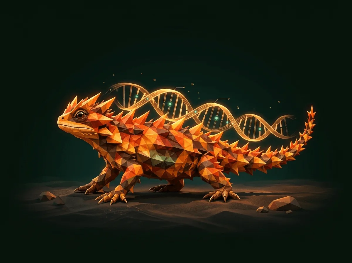 A faceted orange lizard with a glowing DNA helix woven through its spikes