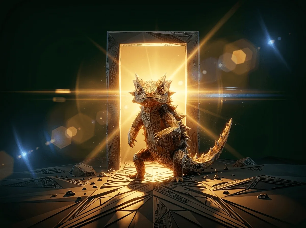 A friendly faceted lizard standing in front of an open doorway of warm golden light