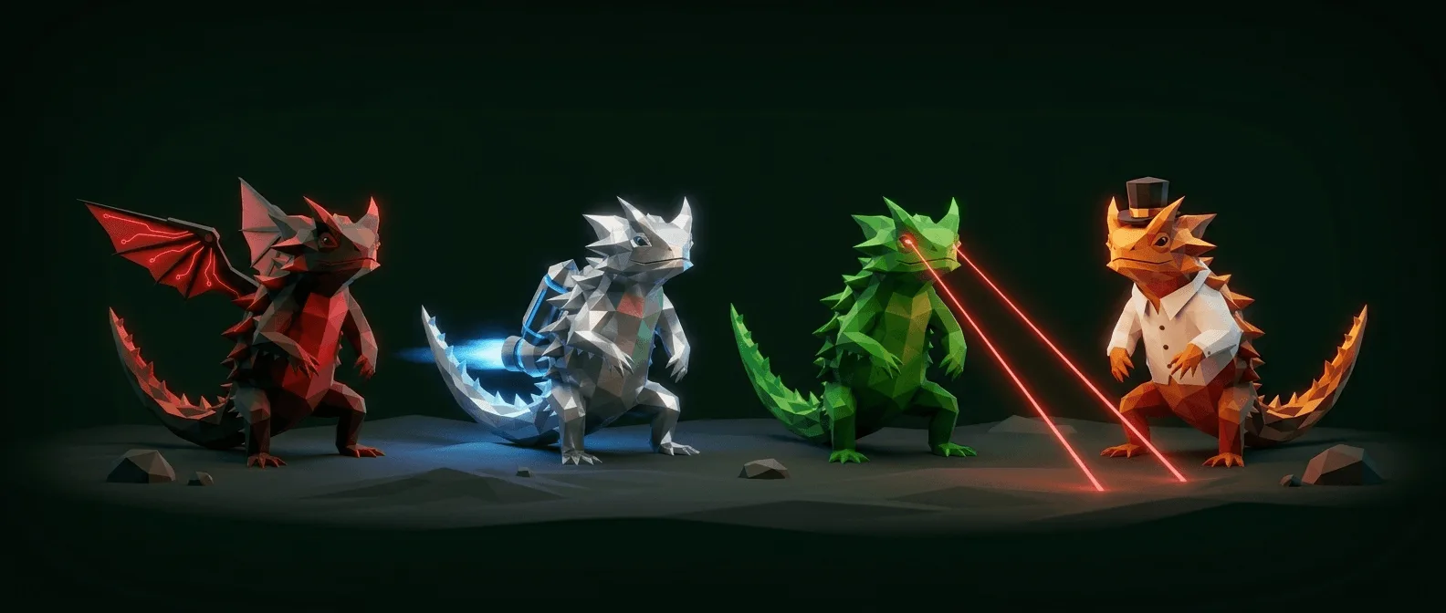 Four faceted lizards, each with a different upgrade: dragon wings, a silver jetpack, laser eyes, and a top hat with a white shirt