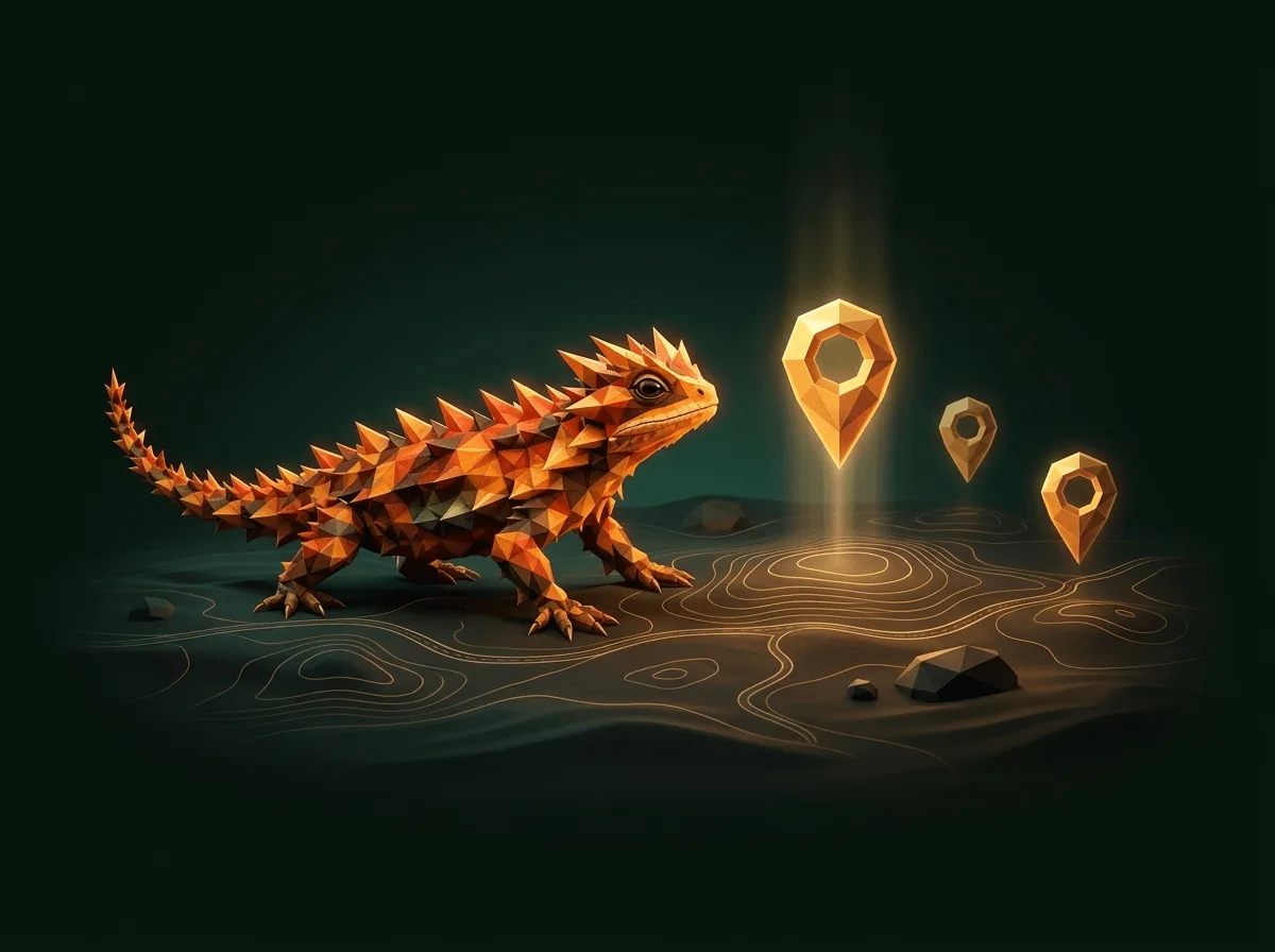 A faceted lizard standing on a map beside glowing location pins