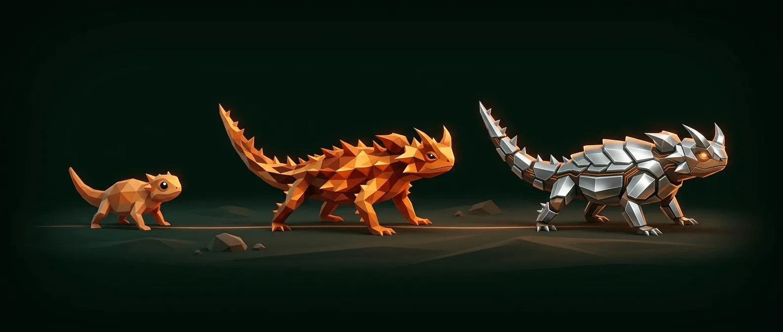 The same lizard at three stages: a hatchling, a full-grown adult, and one in silver armour