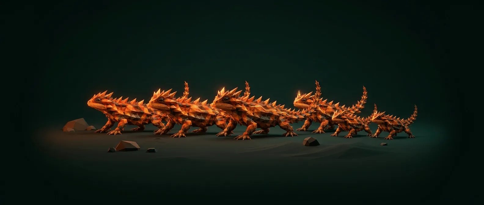 A pack of small faceted orange lizards walking together across dark desert ground