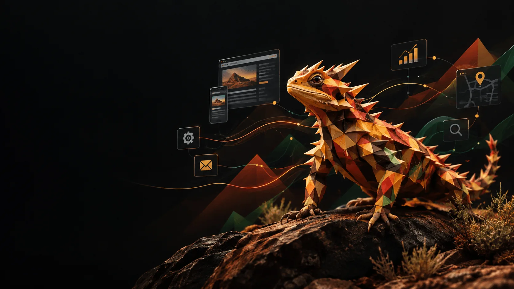 A faceted, geometric thorny devil lizard perched on a rock, with floating website, map, search, email and chart panels connected by glowing lines