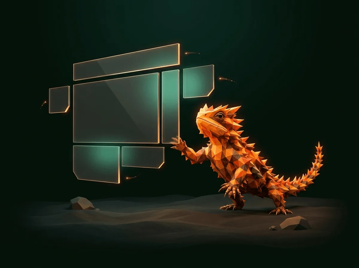 A faceted lizard guiding floating glass panels into the shape of a website